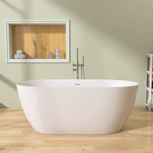 67" Acrylic Free Standing Tub - Classic Oval Shape Soaking Tub, Adjustable Freestanding Bathtub with Integrated Slotted Overflow and Chrome Pop-up Drain Anti-clogging Gloss White