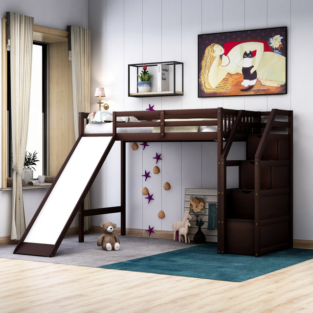 Twin Size Loft Bed with Storage and Slide, Espresso