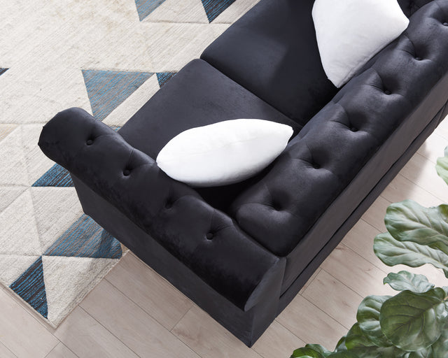 Sofa Chair with Button and Copper Nail on Arms and Back, One White Villose Pillow, Velvet Black (38"x34.5"x30")