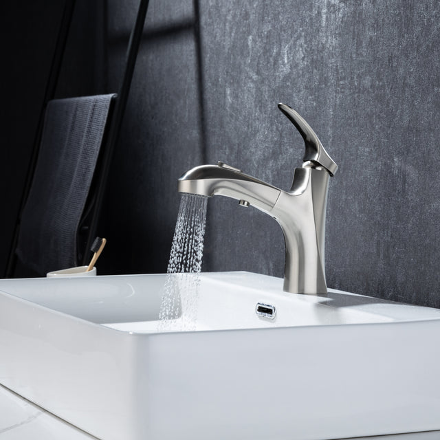 Pull Out Bathroom Faucet, Single Hole Bathroom Sink Faucet with 3 Modes Pull Down Sprayer, One Handle Modern Vanity Faucet, Farmhouse Lavatory Faucet