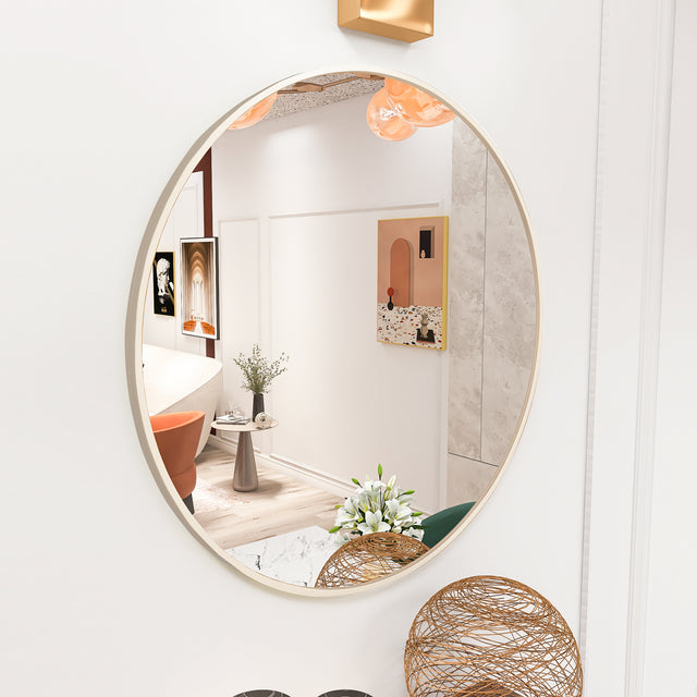 Matte Gold Wall Mirror 24” Round Mirror Metal Framed Mirror Circle Wall-Mounted Mirror, Circular Mirror for Bathroom Wall Decor Living Room