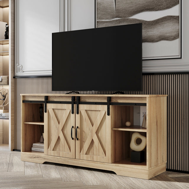TV Stand Sliding Barn Door Modern&Farmhouse Wood Entertainment Center, Storage Cabinet Table Living Room with Adjustable Shelves for TVs Up to 65", Rustic Oak