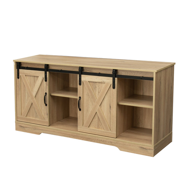 TV Stand Sliding Barn Door Modern&Farmhouse Wood Entertainment Center, Storage Cabinet Table Living Room with Adjustable Shelves for TVs Up to 65", Rustic Oak