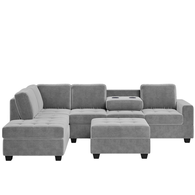 Orisfur. Modern Sectional Sofa with Reversible Chaise, L Shaped Couch Set with Storage Ottoman and Two Cup Holders for Living Room