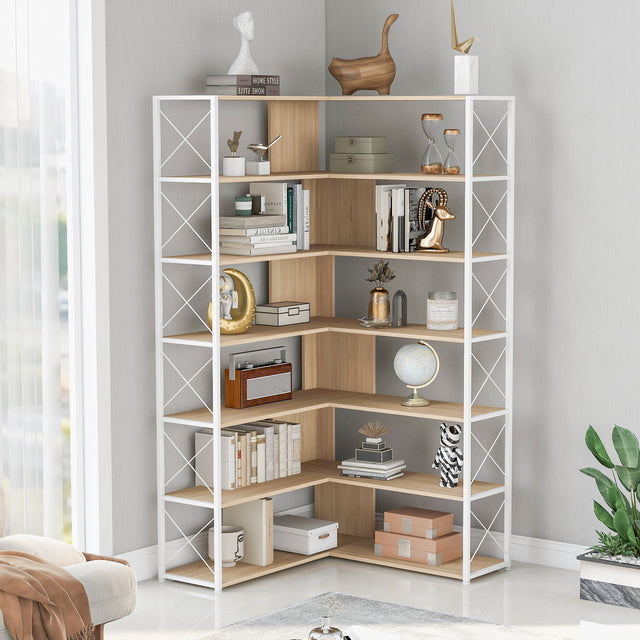 7-Tier Bookcase Home Office Bookshelf, L-Shaped Corner Bookcase with Metal Frame, Industrial Style Shelf with Open Storage, MDF Board