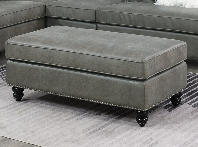 Living Room XL- Cocktail Ottoman Slate Grey Leatherette Accent Studding Trim Wooden Legs
