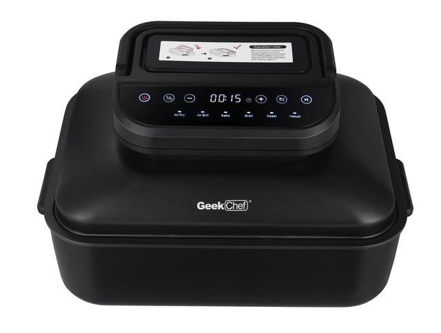 Geek Chef 7 In 1 Smokeless Electric Indoor Grill with Air Fry, Roast, Bake, Portable 2 in 1 Indoor Tabletop Grill & Griddle with Preset Function, Removable Non-Stick Plate, Air Fryer Basket, 6-Serving