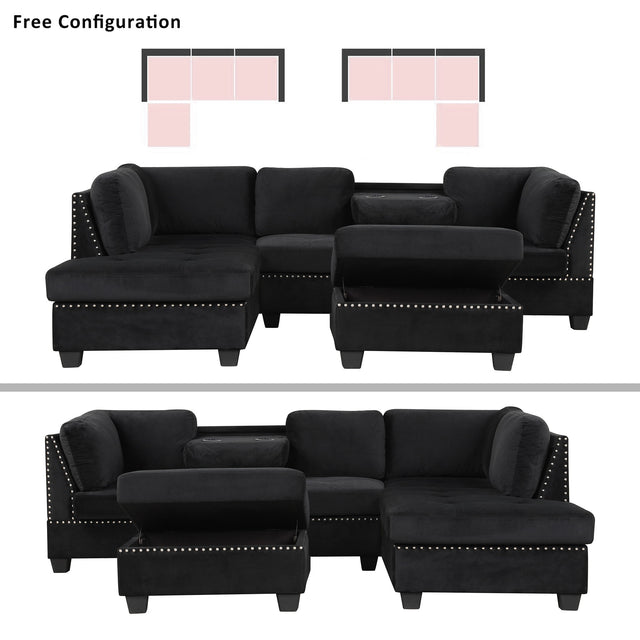 104.5" Reversible Sectional Sofa Space Saving with Storage Ottoman Rivet Ornament L-shape Couch for Small or Large Space Dorm Apartment,Black(旧SG000406AAA)