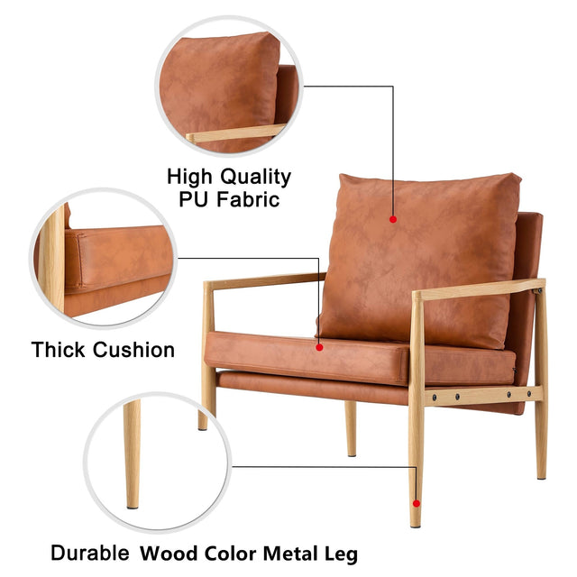 PU Leather Accent Arm Chair Mid Century Modern Upholstered Armchair with Imitation solid wood color Metal Frame Extra-Thick Padded Backrest and Seat Cushion Sofa Chairs for Living Room