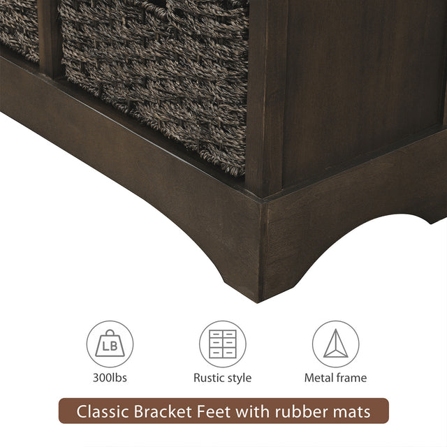 TREXM Rustic Storage Cabinet with Two Drawers and Four Classic Rattan Basket for Dining Room/Living Room (Brown Gray)