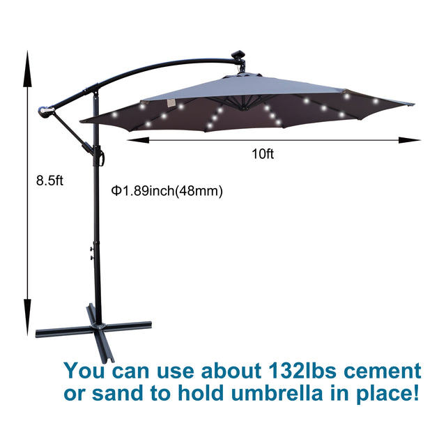 10 ft Outdoor Patio Umbrella Solar Powered LED Lighted Sun Shade Market Waterproof 8 Ribs Umbrella with Crank and Cross Base for Garden Deck Backyard Pool Shade Outside Deck Swimming Pool