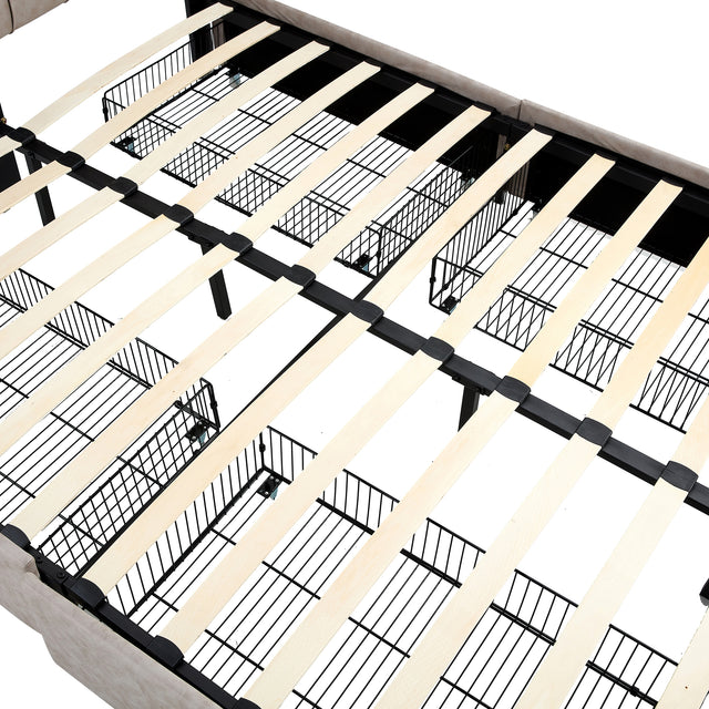 Upholstered Storage Bed Frame with 4 Drawers and Adjustable Headboard, Square Stitched Button Tech cloth, Platform Beds Frame with Wood Slat Support, No Box Spring Needed, Queen Size, Beige