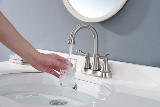 2-Handle 4-Inch Brushed Nickel Bathroom Faucet, Bathroom Vanity Sink Faucets with Pop-up Drain and Supply Hoses