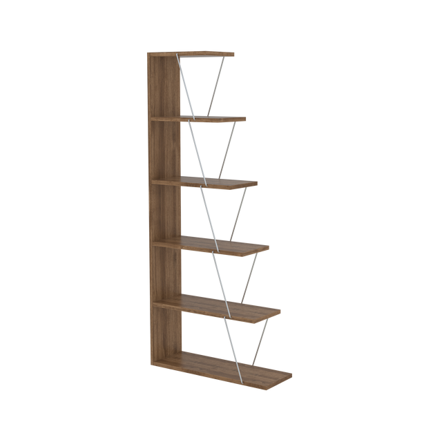 Furnish Home Store Modern 5 Tier Ladder Bookshelf Organizers, Narrow Bookshelf for Small Spaces Office Furniture Bookcase ,Walnut/Chrome