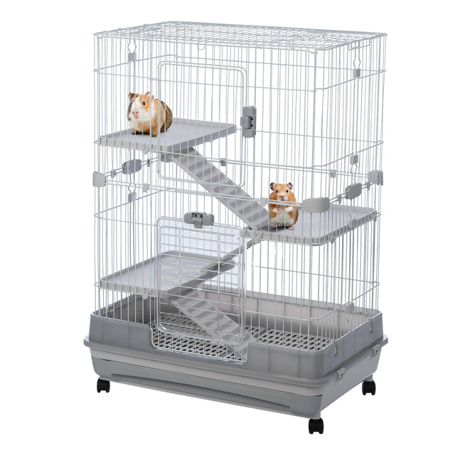 4-Tier 32"Small Animal Metal Cage Height Adjustable with Lockable Casters Grilles Pull-out Tray for Rabbit Chinchilla Ferret Bunny Guinea Pig Squirrel Hedgehog(GREY)(=OLD SKU:W69133215)