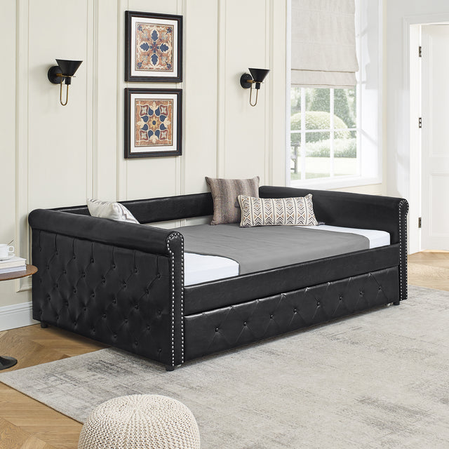 Daybed with Trundle Upholstered Tufted Sofa Bed, with Button and Copper Nail on Arms,Full Daybed & Twin Trundle, PU Black(85.5“x57”x30.5“)