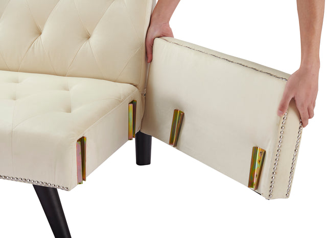 1730 Sofa Bed Armrest with Nail Head Trim with Two Cup Holders 72" Beige Velvet Sofa for Small Spaces