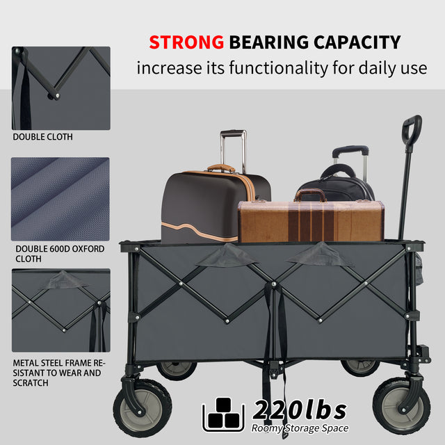 Collapsible Folding Wagon, Push Pull Foldable Beach Wagon Cart