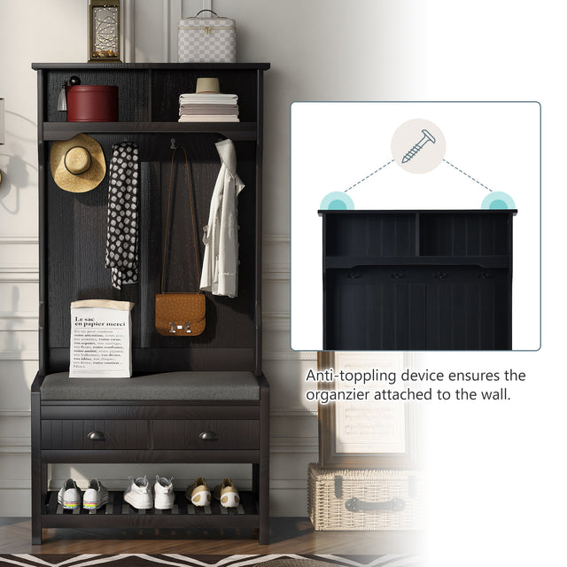 U-Can Hall Tree with 4 Hooks and Hinged Lid, Coat Hanger, Entryway Bench, Storage Bench, 3-in-1 Design, 69INCH, for Entrance, Hallway (Black)