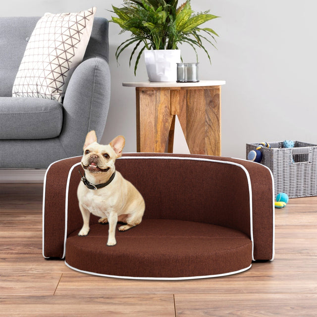 30" Brown Round Pet Sofa, Dog sofa, Dog bed, Cat Bed, Cat Sofa, with Wooden Structure and Linen Goods White Roller Lines on the Edges Curved Appearance pet Sofa with Cushion