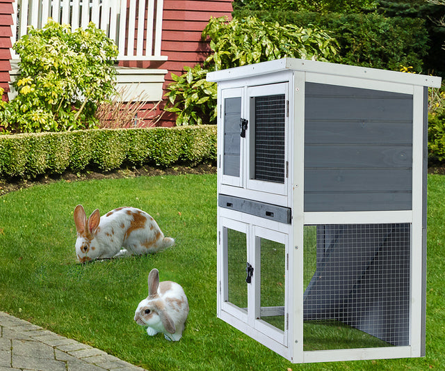 Two-layer solid wooden with easy clear tray for bunny rabbitsWooden Pet House Rabbit Bunny Wood Hutch House Dog House Chicken Coops Chicken Cages Rabbit Cage