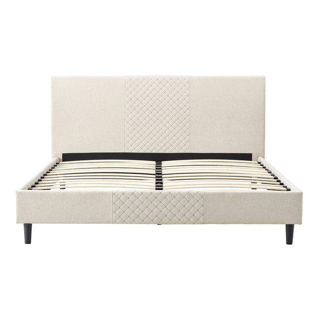 Full Size Platform Bed Frame with Fabric Upholstered Headboard and Wooden Slats Support, Fully Upholstered Mattress Foundation/No Box Spring Needed/Easy Assembly, Beige