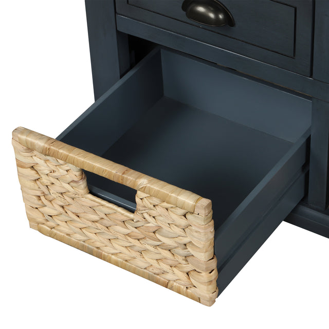 TREXM Rustic Storage Bench with 3 Drawers and 3 Rattan Baskets, Shoe Bench for Living Room, Entryway (Antique Navy)