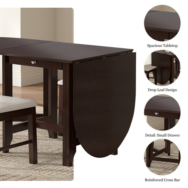 Retro Drop-Leaf Table Rustic Rubberwood Dining Table with Spacious Tabletop Small Drawer for Small Space Kitchen Dark Cappuccino