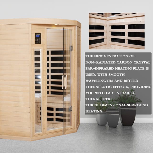 Pentagonal Canadian hemlock sauna room.Far Infrared Sauna 7 Low EMF Heaters, Wooden Sauna Room 1600 Watt, Chromotherapy, Bluetooth Speaker, LCD, LED.Celsius can be converted to Fahrenheit.