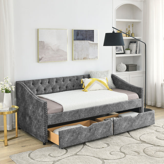 Twin Size Daybed with Drawers Upholstered Tufted Sofa Bed, with Button on Back and Copper Nail on Waved Shape Arms,Grey(81.5“x41”x30.5“)