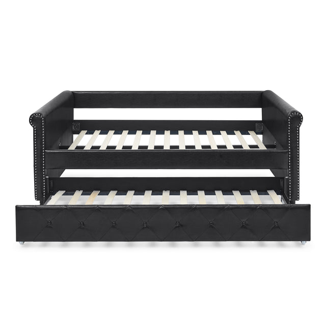 Daybed with Trundle Upholstered Tufted Sofa Bed, with Button and Copper Nail on Arms,Full Daybed & Twin Trundle, PU Black(85.5“x57”x30.5“)