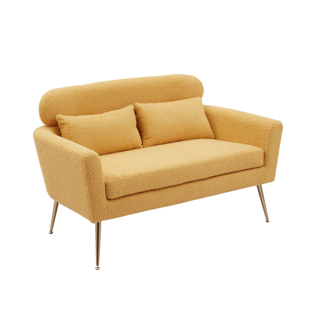 51"W Modern Boucle Loveseat Small Sofa Small Mini Room Couch Two-Seater Sofa With 2 Throw Pillows Gold Metal Legs for Small Space Office Studio Apartment Bedroom, Yellow Boucle