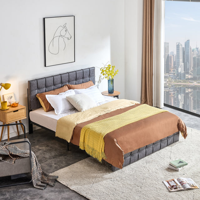 King Size Bed Frame, Tech cloth Upholstered Platform Bed Frame with Adjustable Headboard, Square Stitched Button Tech cloth Mattress Foundation with Wood Slats, Easy Assembly, No Box Spring Needed