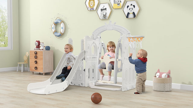 Toddler Slide and Swing Set 5 in 1, Kids Playground Climber Slide Playset with Basketball Hoop Freestanding Combination for Babies Indoor & Outdoor