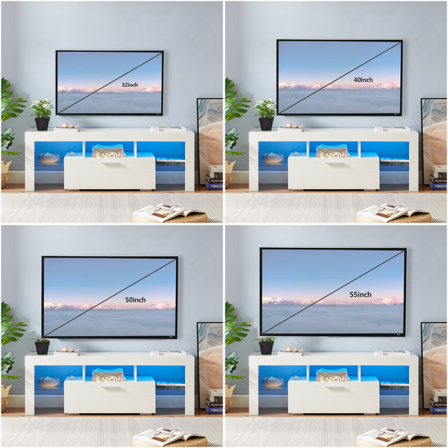 20 minutes quick assemble White morden TV Stand with LED Lights,high glossy front TV Cabinet,can be assembled in Lounge Room, Living Room or Bedroom,color:WHITE