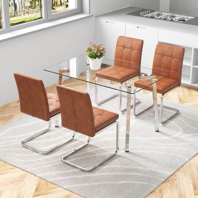 Glass Dining Table, Dining Chair set, 4 Brown Embedded Button Dining Chairs and 1 Dining Table .Table Size 51" W x 31"D x 30" H
