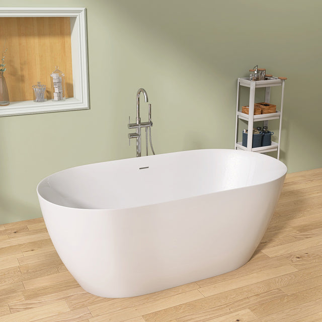 67" Acrylic Free Standing Tub - Classic Oval Shape Soaking Tub, Adjustable Freestanding Bathtub with Integrated Slotted Overflow and Chrome Pop-up Drain Anti-clogging Gloss White