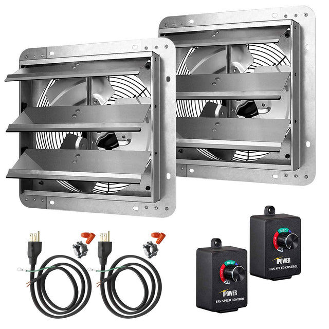 iPower 12 Inch Variable Shutter Exhaust Fan Aluminum with Speed Controller and Power Cord Kit, 1620RPM, 1600 CFM, 2-Pack, Silver