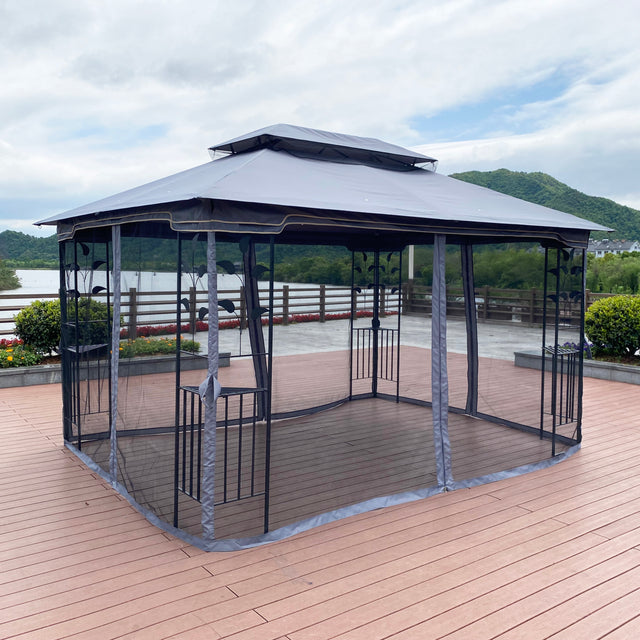 13x10 Outdoor Patio Gazebo Canopy Tent With Ventilated Double Roof And Mosquito net(Detachable Mesh Screen On All Sides),Suitable for Lawn, Garden, Backyard and Deck,Gray Top