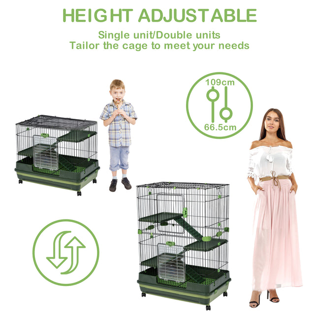 4-Tier 32"Small Animal Metal Cage Height Adjustable with Lockable Casters Grilles Pull-out Tray for Rabbit Chinchilla Ferret Bunny Guinea Pig Squirrel Hedgehog(GREEN)(=OLD SKU:W69133216)