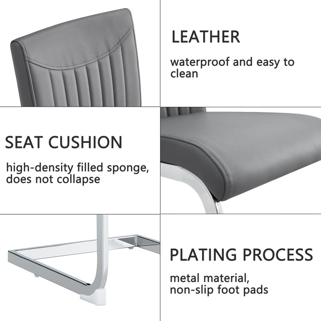 Modern Dining Plating leg Dining chair Chair, PU  Leather High Back Cushion Side  Chair with Vertical stripe backrest pattern for Dining Room Kitchen Vanity Patio Office Chair (Set of 4) (Grey+PU)