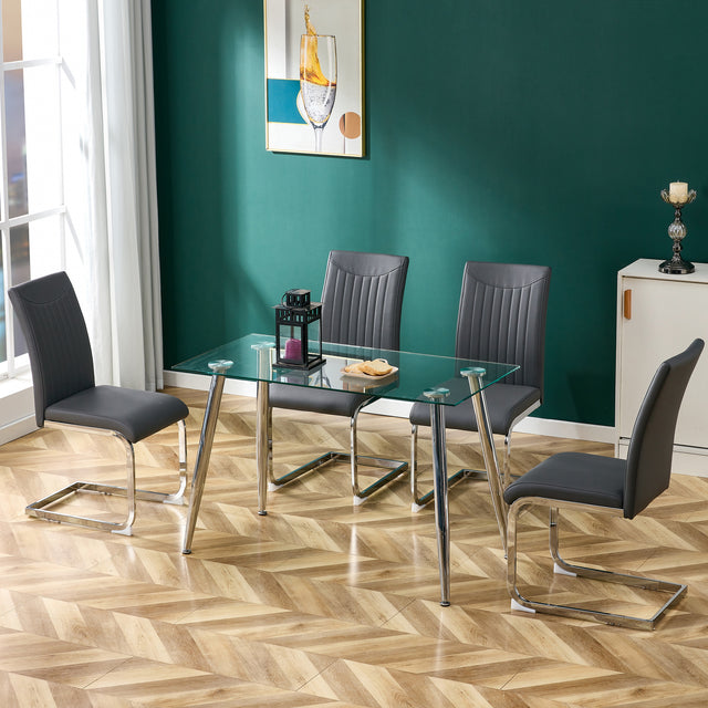 Modern Dining Plating leg Dining chair Chair, PU  Leather High Back Cushion Side  Chair with Vertical stripe backrest pattern for Dining Room Kitchen Vanity Patio Office Chair (Set of 4) (Grey+PU)