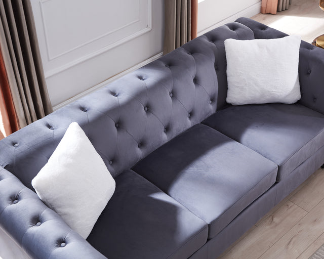 Loveseat Living Room Sofa, with Button and Copper Nail on Arms and Back, Two White Villose Pillow, Velvet Grey (60"x34.5"x30")