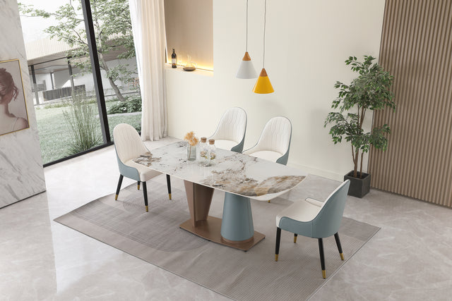 71" Pandora color sintered stone dining table with cone shape Pedestal Base in champagne and blue color