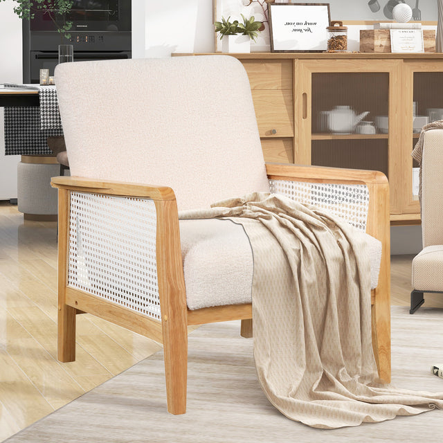 【EAT 3.10】Mid-Century Armchair Rattan Mesh Upholstered Accent Chair,Teddy Short Plush Particle Velvet Armchair for Living Room,Bedroom, Office, Studio,White
