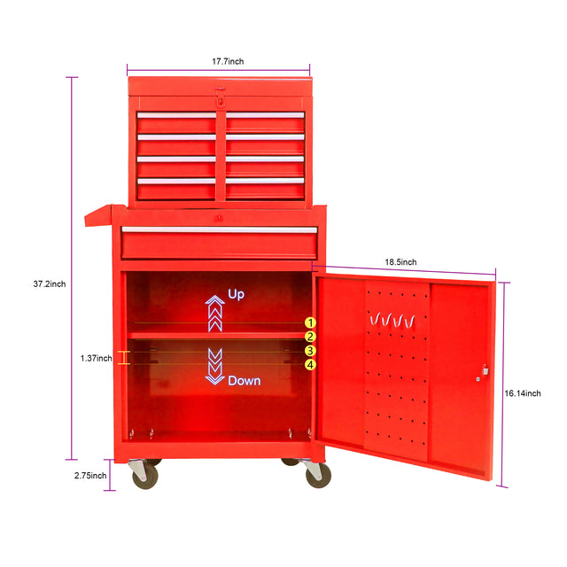 Detachable 5 Drawer Tool Chest with Bottom Cabinet and one Adjustable Shelf--Red