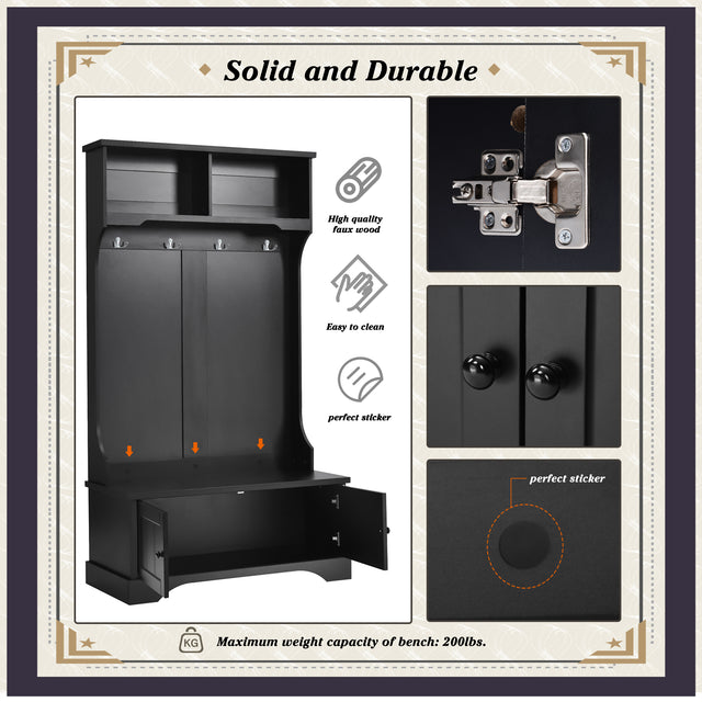 ON-TREND Hall Tree Entryway Bench with Shelves Cabinet and Four Hooks, 3-in-1 Design, Black