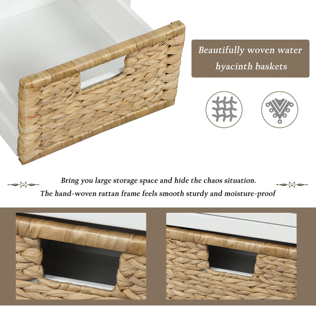 TREXM Rustic Storage Bench with 3 Drawers and 3 Rattan Baskets, Shoe Bench for Living Room, Entryway (White)