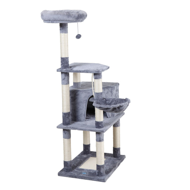 Multi-Level Cat Condo with pentagonal cat litter for Kittens Tall Cat Climbing Stand with Plush Toys - light gray