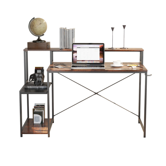 Computer Desk with Storage Shelves(Rustic Brown+Black)